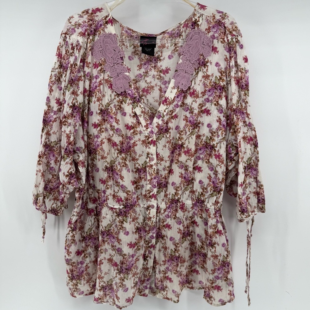 Torrid Plus Vintage Floral Gauze button up Blouse Waist tie cottagecore Size 4